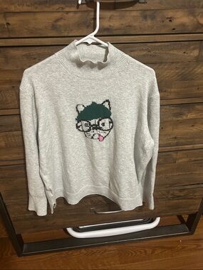 LOFT Light Gray Sweater with Playful French Bulldog w/ glasses. Cute. Kitschy.
